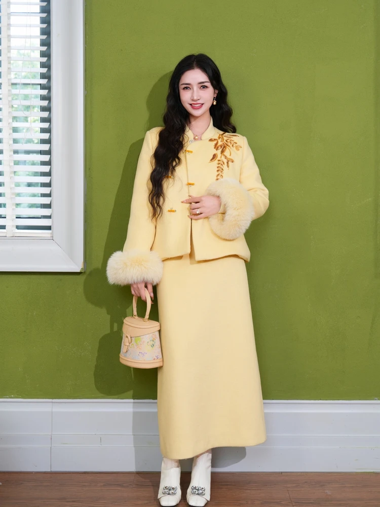 

Новый женский зимний костюм 2025 года из высококачественной шерстяной ткани с гусиным пухом, элегантное пальто класса люкс