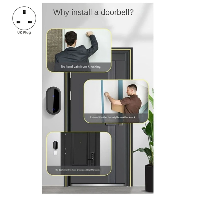 ABDE-Wireless Doorbell กันน้ําสมาร์ท Doorbell IP68 บ้านประตูเบลล์อัจฉริยะ 4 ระดับควบคุมระดับเสียง 38 เพลง