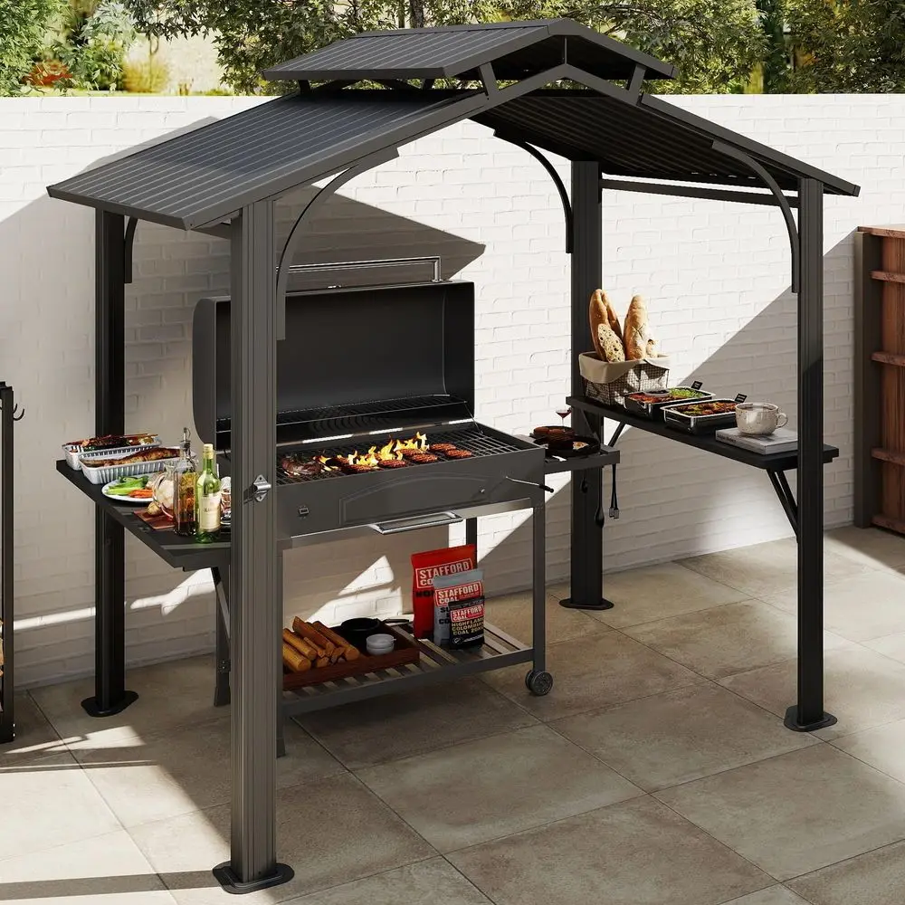 8x5FT Hardtop Grill Gazebo, Grill Canopy for Outdoor Grill w Double Galvanized Steel Roof, 2 Side Shelves and Ceiling Hooks, Gri