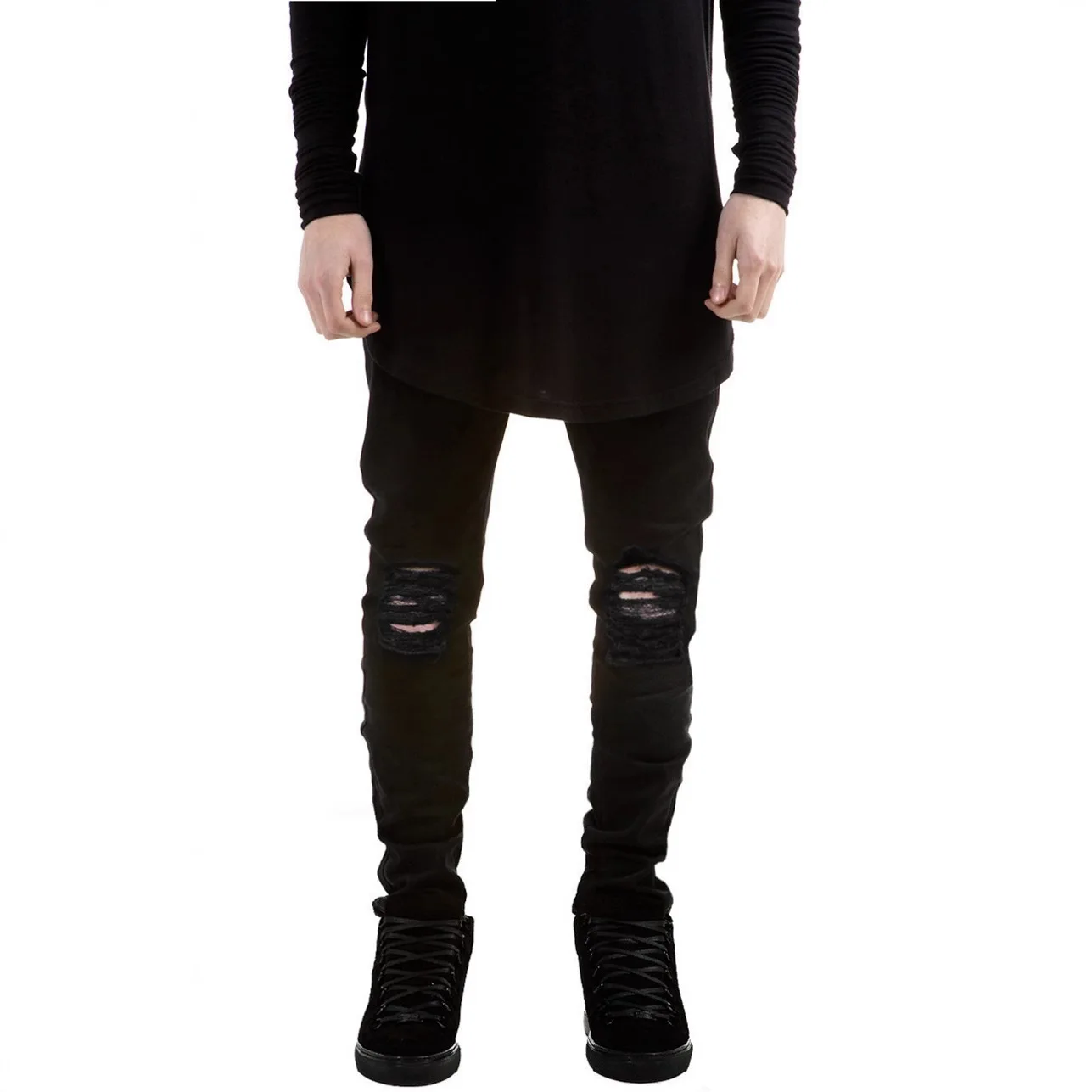 High Street Trend Brand Pure Black Slim-Fit Small Foot Elastic Jeans Men's Slim-Fit