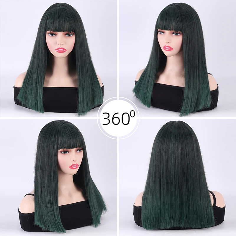 Women's Black Gradient Dark Green Synthetic Wig