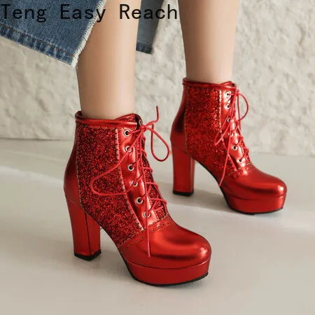 Fashion Ankle Boots for Women Winter Shoes Block High Heels Patent Lace-up Women\'s Short Boot Red Large Size 45 46 47 48 49 50