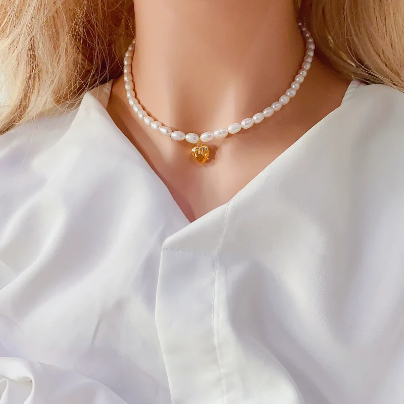 ALLNEWME Korea Candy Color CZ Cubic Zirconia Heart Pendant Necklaces for Women Freshwater Pearl Choker Necklace Wedding Jewelry