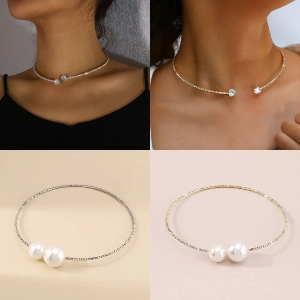 韓国風ハートカラーチョーカーネックレス、ゴールドとシルバーのラインストーンと大きなパール付き、シンプルなバンケットジュエリー、オープンカラーネックレス