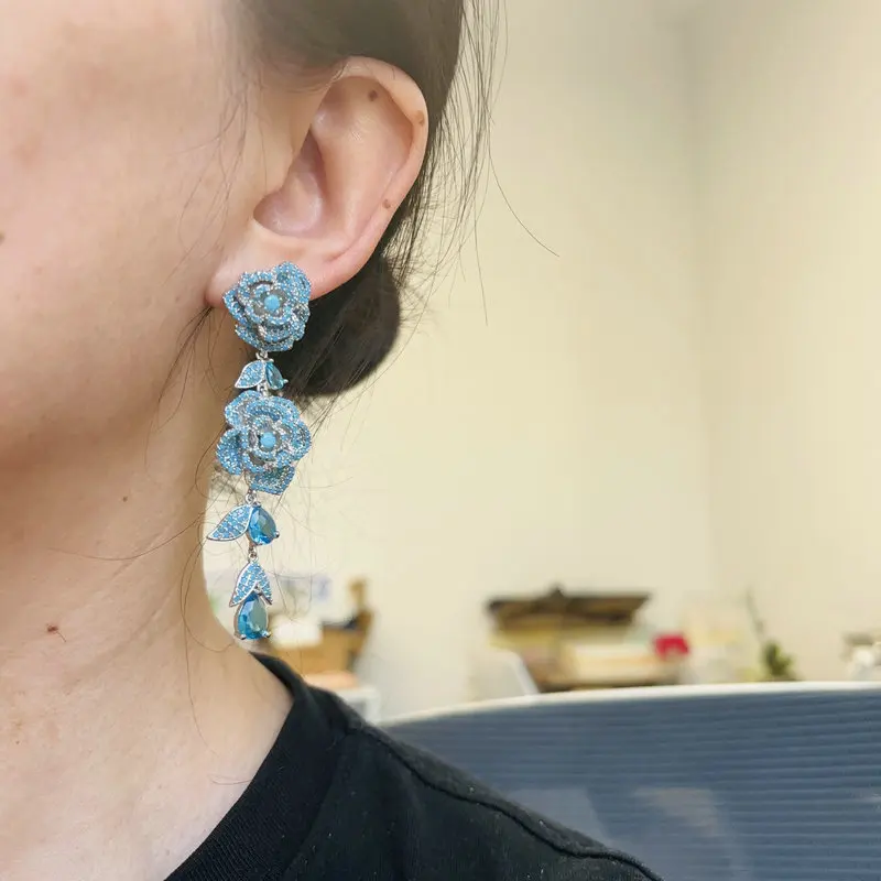 Bilincolor Luxury Blue Flower Earring for Women Wedding