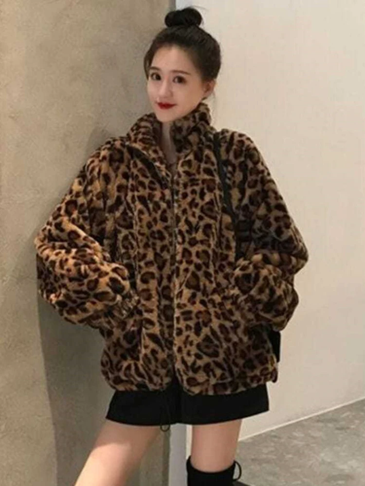 Chaquetas de leopardo de gran tamaño para mujer, abrigos informales sueltos y esponjosos, chaqueta cálida con estilo, prendas de vestir exteriores