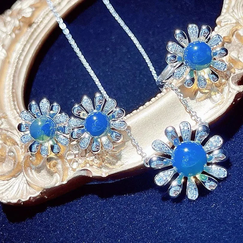 Exquisite S925 Sterling Silver Daisy Blue Amber Jewelry Set (6-7-8mm) - Necklace, Earrings & Ring, Minimalist Elegance