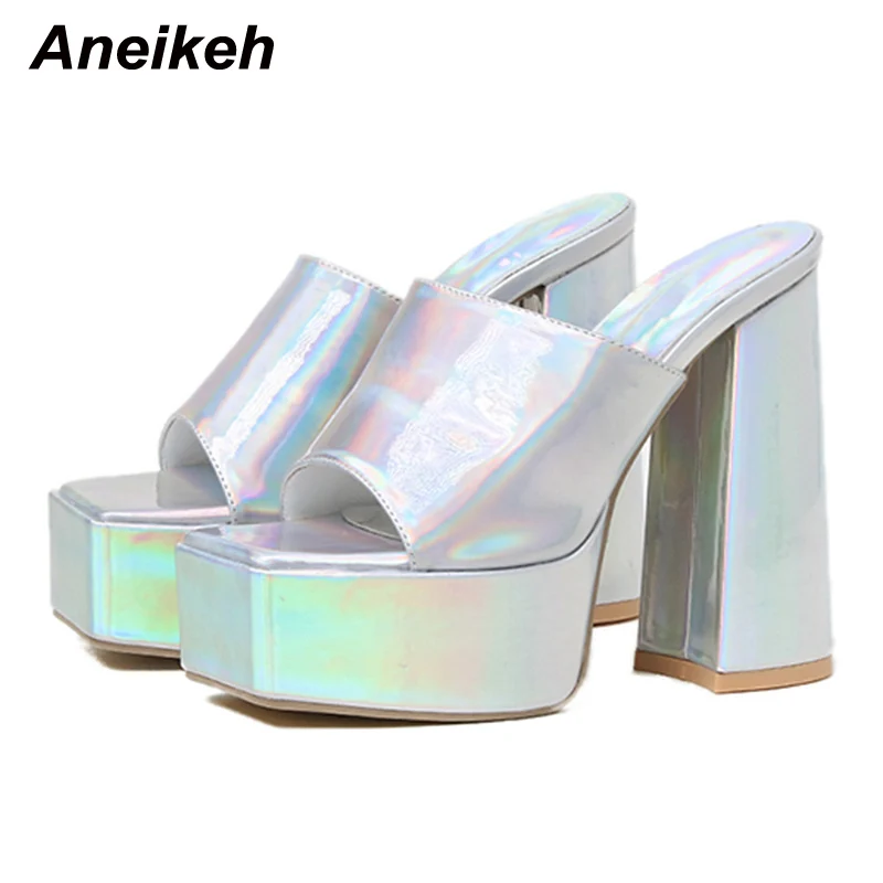 Aneikeh 2024 New Fashion Open Toe Platform High Heel Women Summer Mules Slip-On Outdoor Slippers Sandals Size 35-42 Silver Gold