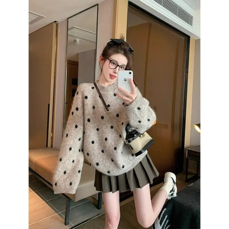 

Осенне-зимний свитер в горошек для девочек, модный свободный трикотаж с ленивой текстурой, верхняя одежда, топы, женская одежда, базовый слой, оптовая продажа