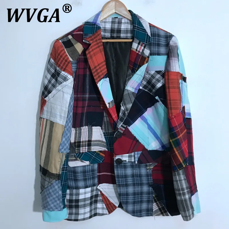 

WVGA Spring Autumn New Man Tide Plaid Patchwork Frayed Trendy Long Sleeve Blazer Niche Chic Casual Over Size Suit-Coat Ins W9857