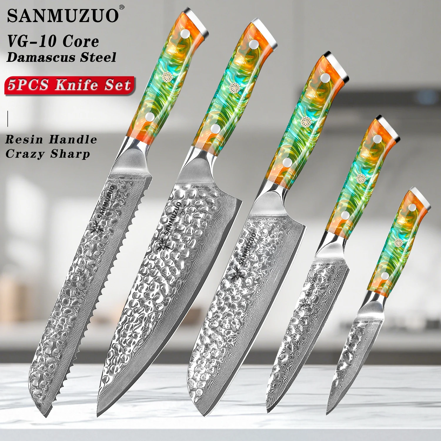 

SANMUZUO Kitchen Knife Set 1-5PCS, Yao Series - Sharp Damascus Steel with Resin Handle - Santoku,Paring,Bread,Utility,Chef Knife