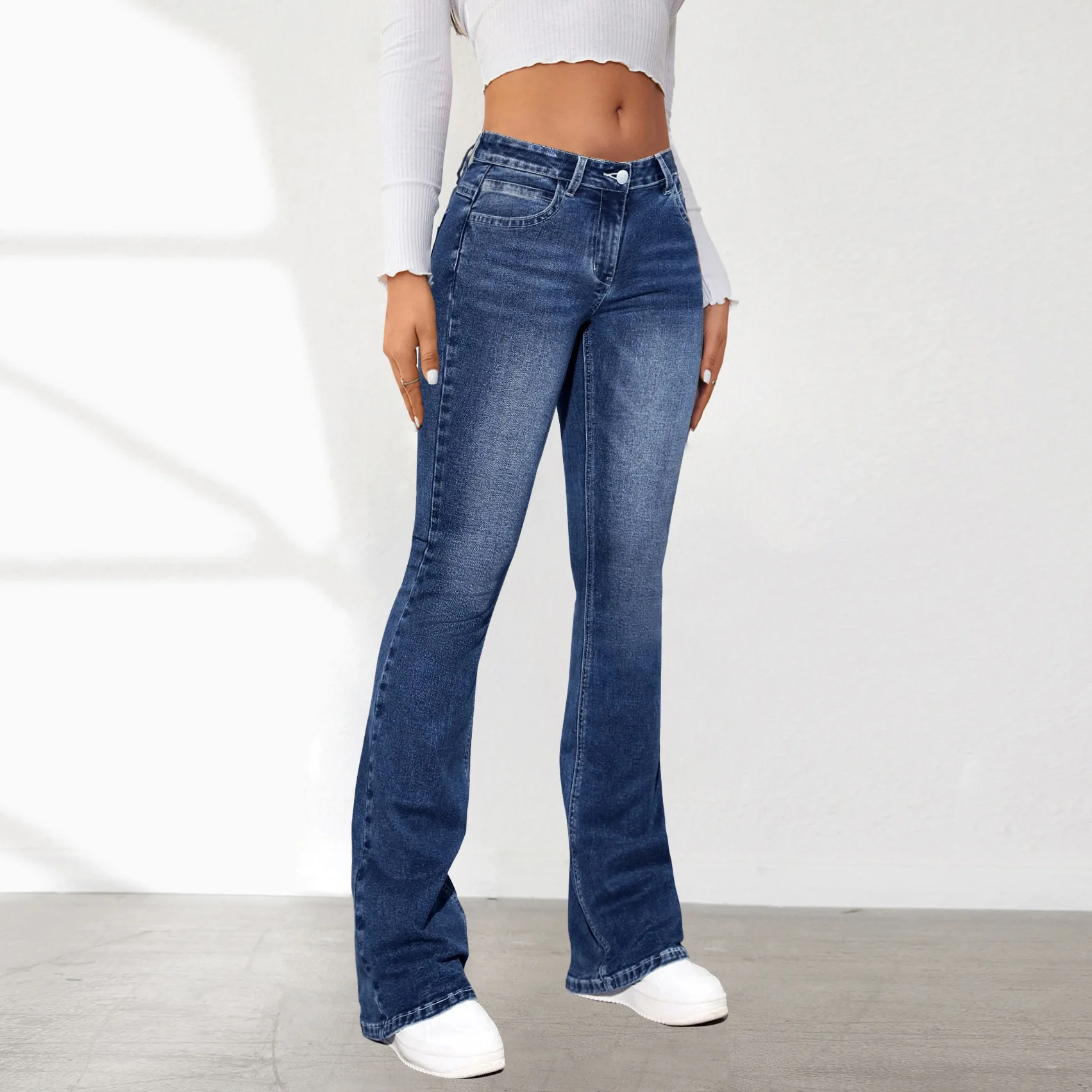 Women Jeans Slim Fit Flare Pants Denim Washing Pockets High Waist Solid Ankle Length Boot Cut Streetwear Casual Zipper Fly