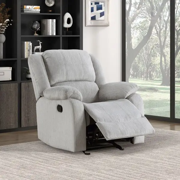 

Gray Chenille Reclining Chair with Pillowtop Arms, Solid Wood Frame, Gentle Gliding Motion – 1pc Living Room Furniture