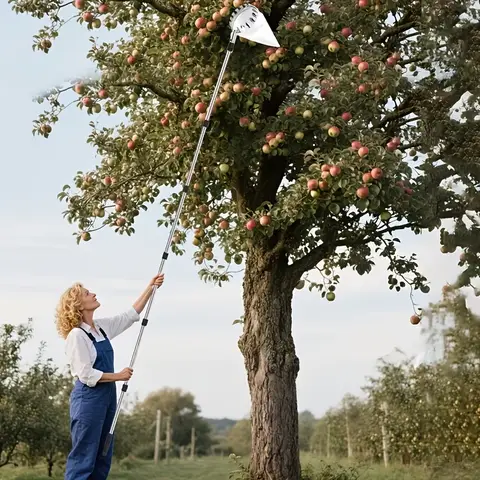 12ft Adjustable Fruit Picker Pole With Basket, Lightweight Stainless Steel Telescoping Tool For Apples, Mango, Lemon, Orange - Large Non-Woven Catcher Basket