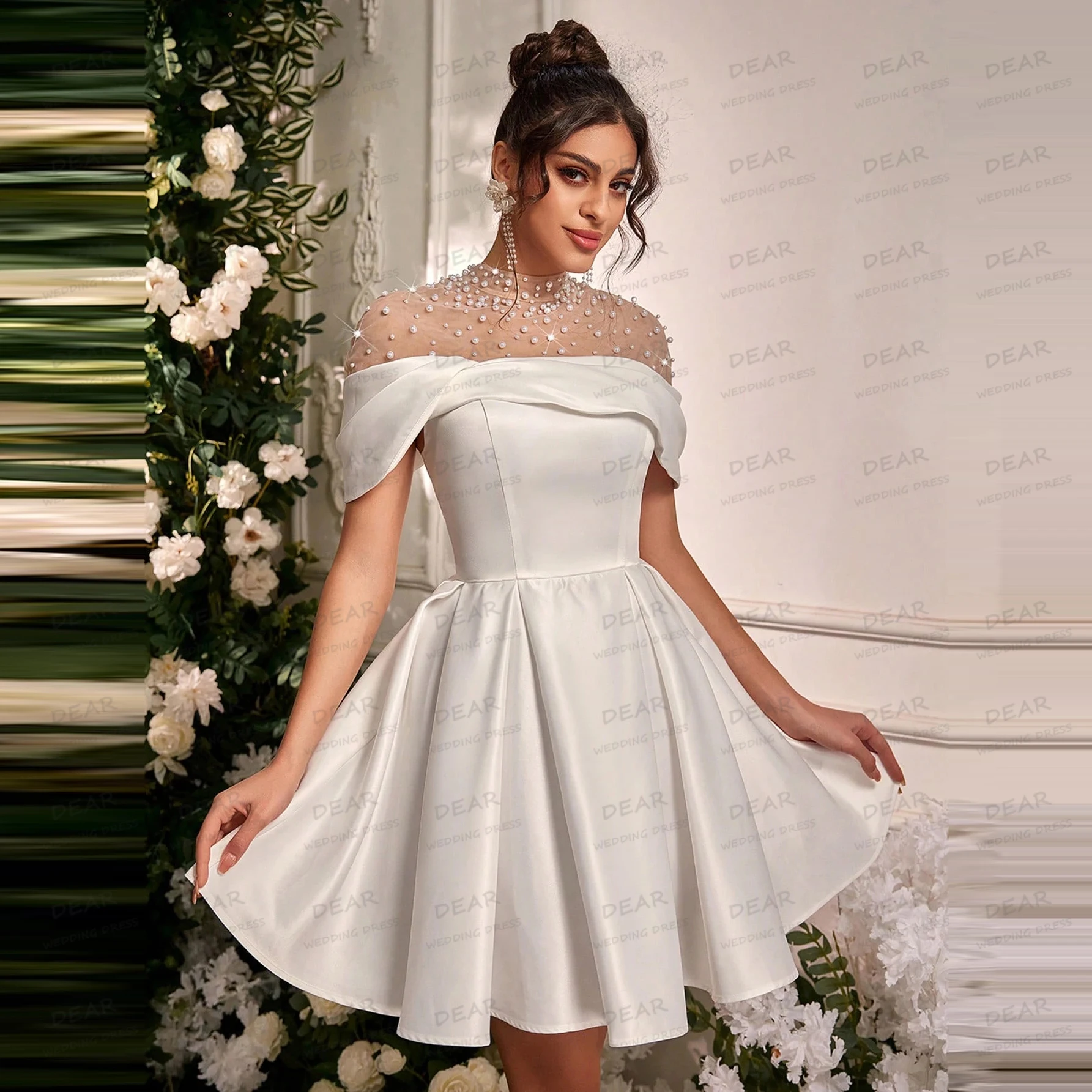 Simples vestidos de casamento curtos uma linha sexy feminino miçangas fora do ombro sem mangas vestidos de noiva festa novia personalizado