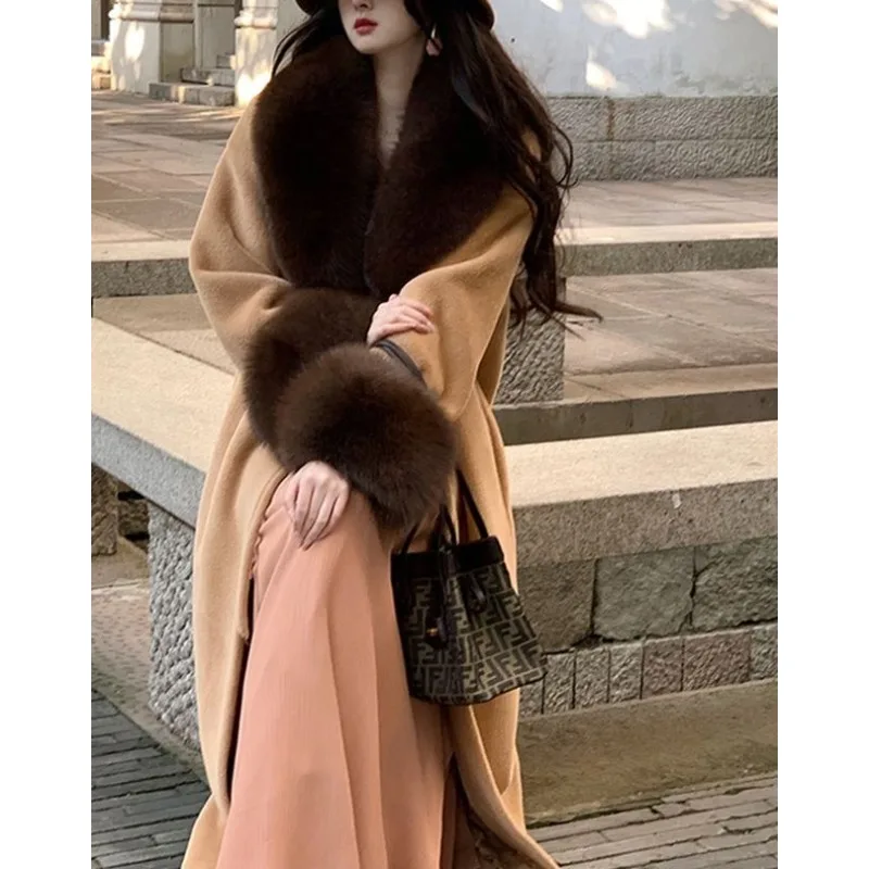 Large Lapel Bathrobe Silhouette Woolen Coat Winter Celebrity Temperament Padded Cotton Warm Long Coat Women