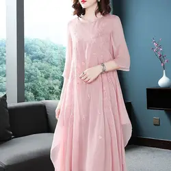 2025 Chinese Traditional Chiffon Qipao National Flower Embroidery Cheongsam Oriental Elegant Wedding Party Dress