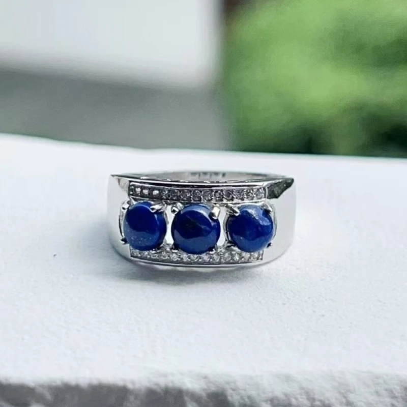 

Real Solid 925 Sterling Silver Band Lapis Lazuli Three Beads Women Lucky Ring