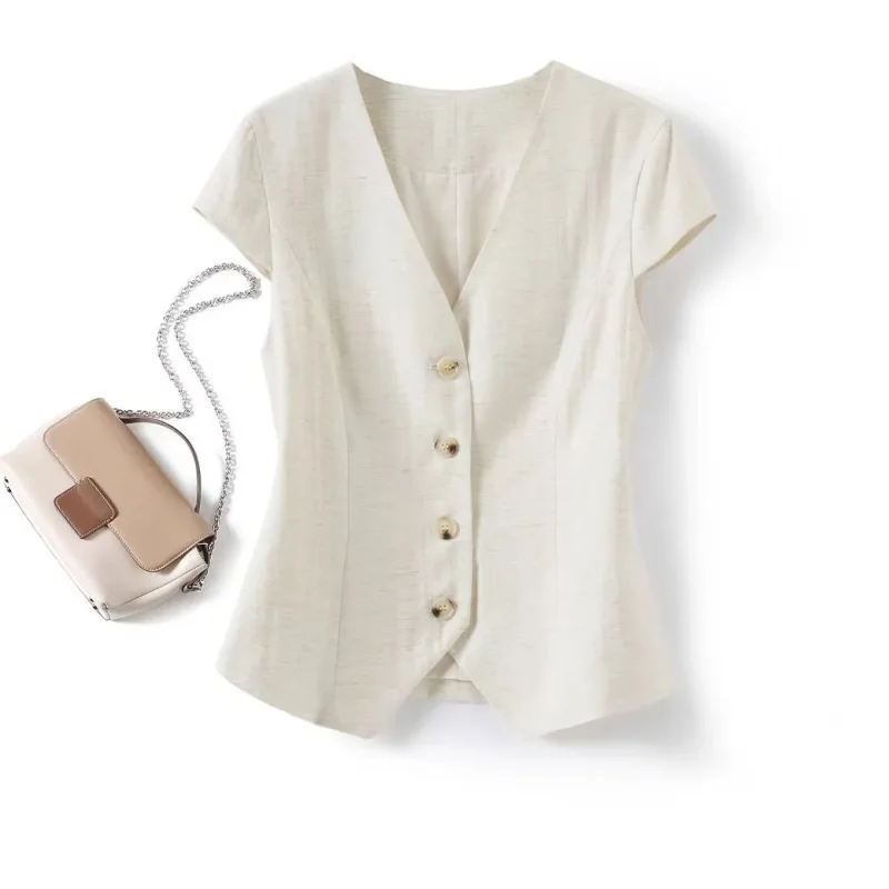 

Women's Black Short-Sleeve V-Neck Buttoned Fitted Blouse