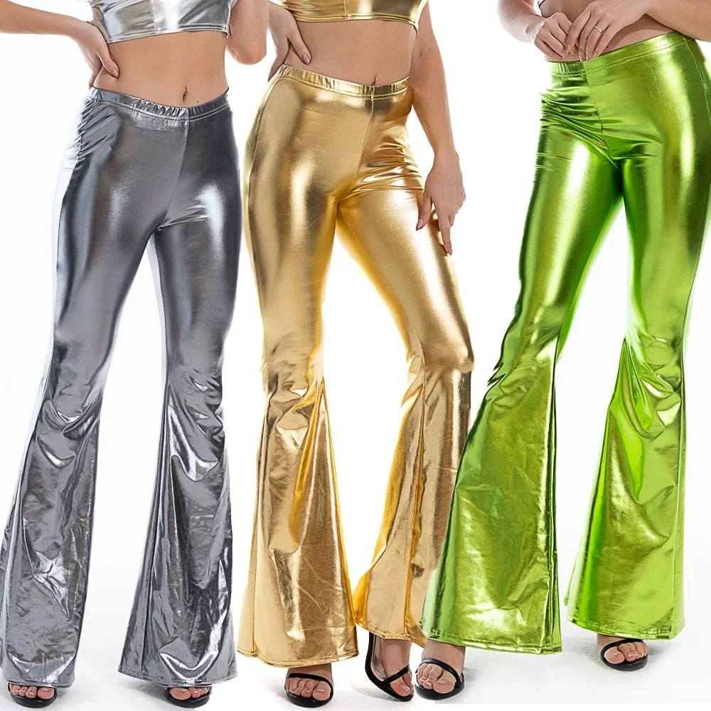 

Women Shiny Metallic Pants Plus Size Loose Silver Harem Pants Jogger Sweatpant Sexy Elastic Waist Bell Bottom Trousers Clubwear