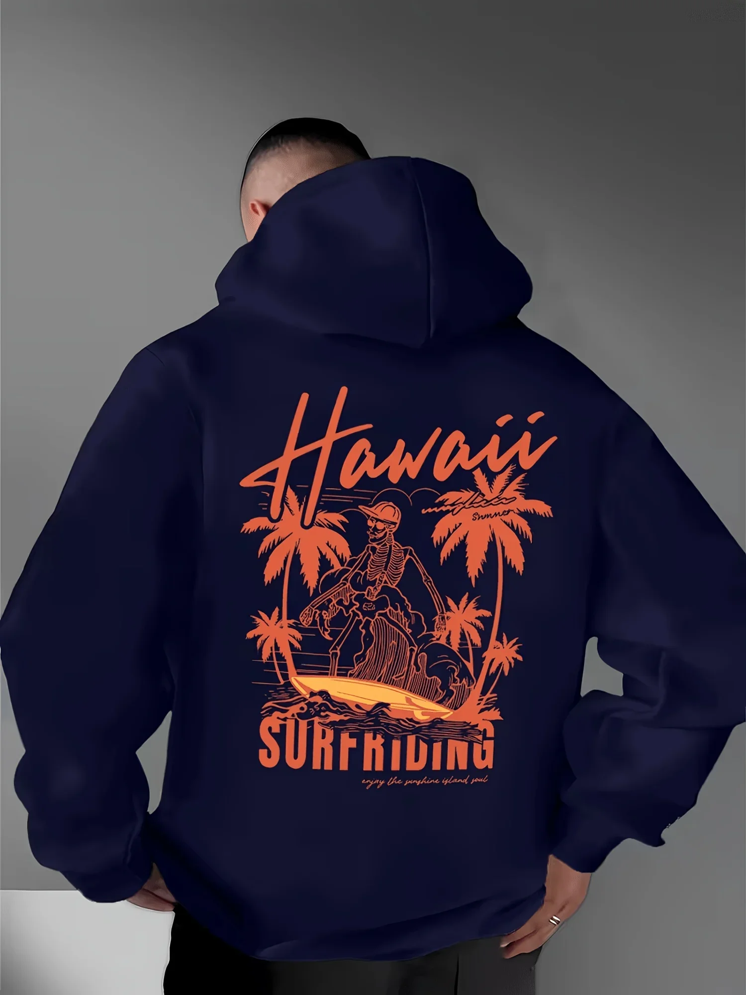Vintage Skeleton Surfer Hawaii Palm Tree Wave Double Sided Hoodie Unisex Summer Coastal Surf Long Sleeve Sweatshirt