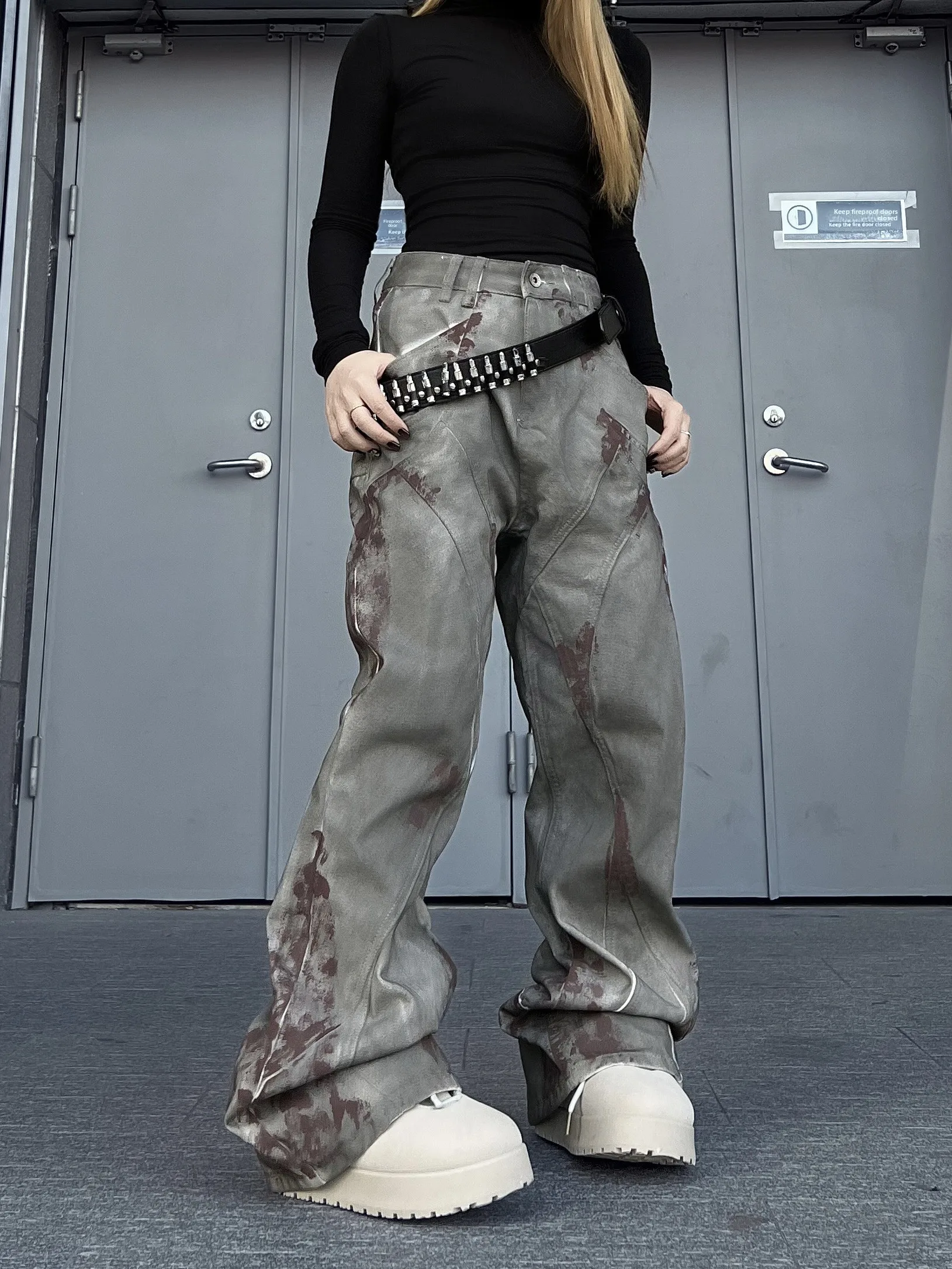 

American Retro Bloodstained Micro Flare Jeans High Street Decoded Patchwork Long Trousers TR BRUIFT Men's Casual Jeans