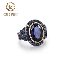 GEM'S BALLET lab Blue Sapphire Vintage Ring 925 Sterling Silver Handmade Star Moon Element Ring for Women Fine Jewelry