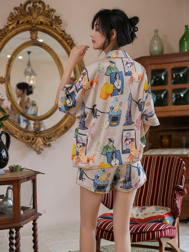 Short-Sleeved Ice Silk Pajamas For Women 2024 New Summer Thin Silk Two-Piece Cartoon Animation Printed Home Clothes