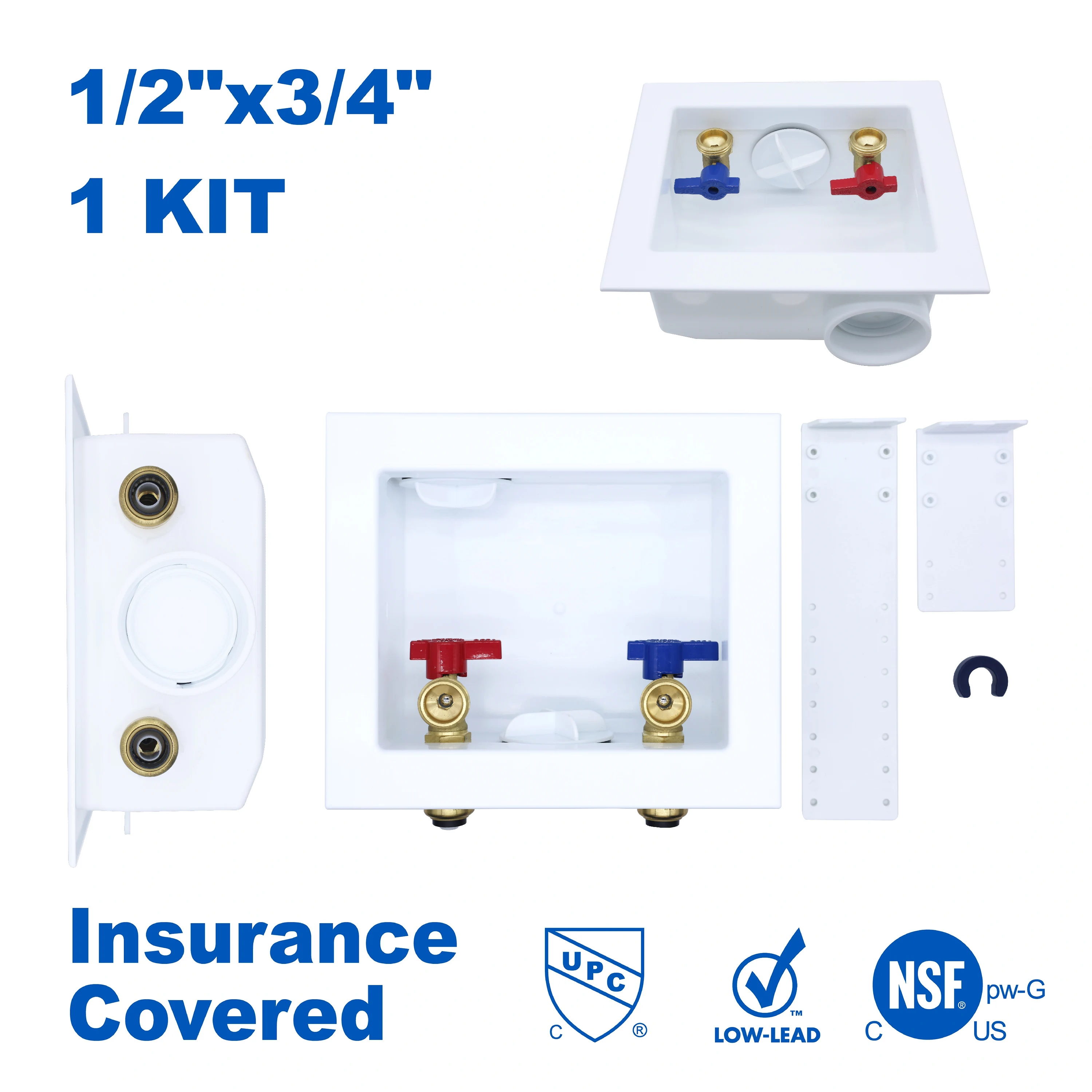 صندوق مخرج الغسالة KING SMART؛ توصيل مناسب للدفع 1/2 بوصة، مخرج MHT مقاس 3/4 بوصة، 1/4 دورة؛ 1 قطعة/علبة؛ 81212