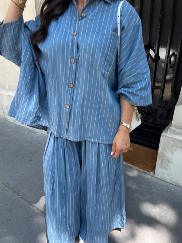 

New Women's Striped Wide Leg Trousers Set with Lapel Neck Long Sleeve Top Blue Casual Chic 2 Piece Summer Suit