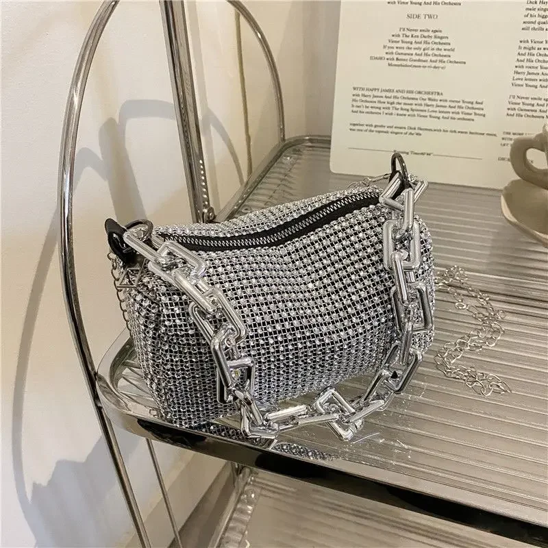 Allover Rhinestone Bucket Bag, brokatowa torebka na studniówkę z łańcuszkiem, damska mini torba na ramię