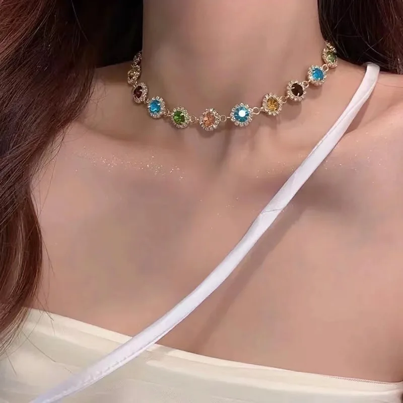 Full Colorful Crysatl Choker Collar Simple Short Neck Chain Necklace