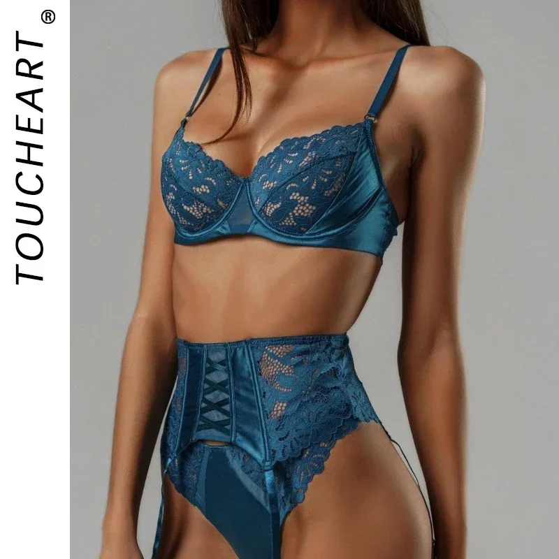 

Toucheart 3 Piece Set Sexy Underwear Set For Women Mesh See-Through Lace Thin Sling Bra Set With Girdle Sexy Lingerie Suit New