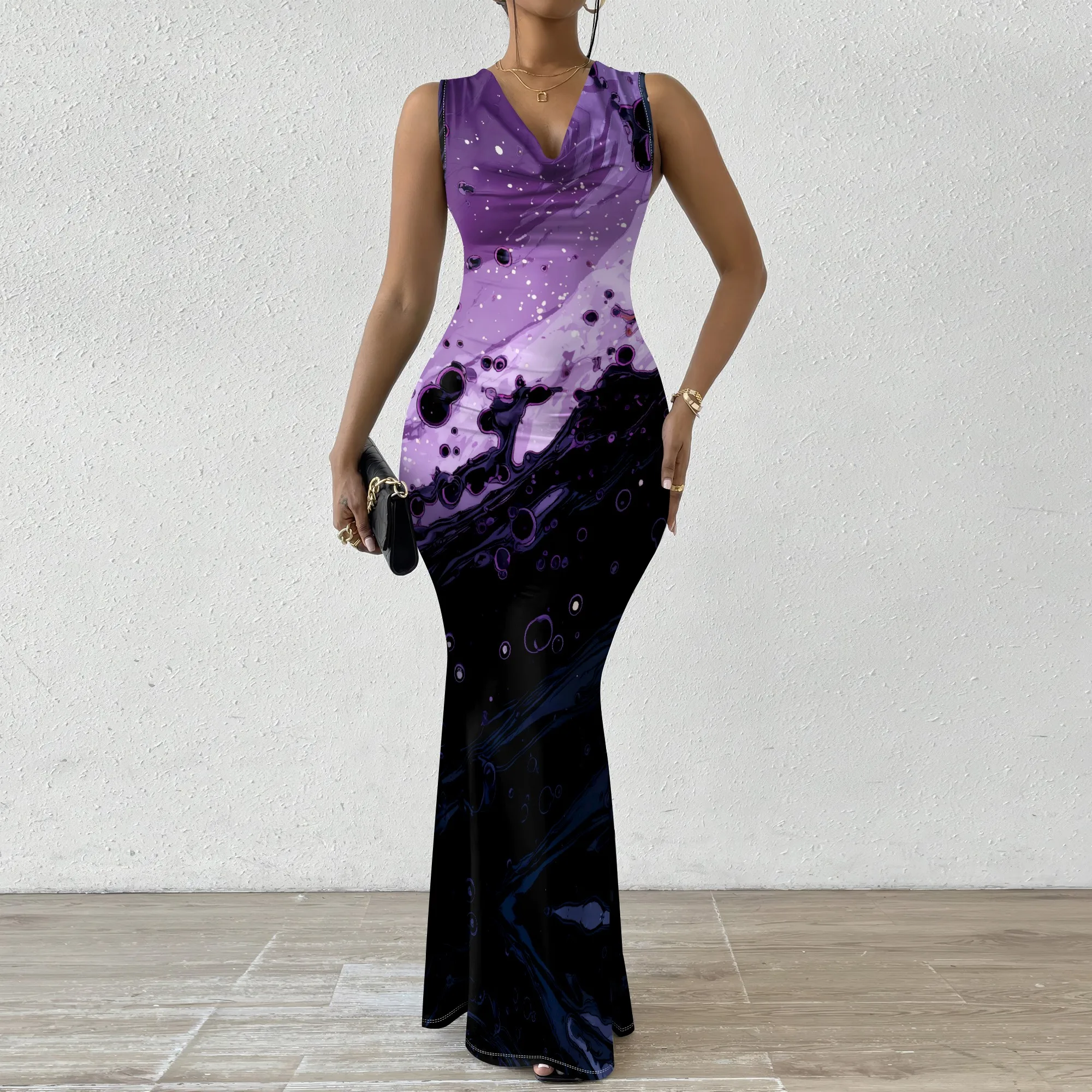 

Purple Ink Swirl Print Maxi Dress XS‑2XL Sleeveless Bodycon Style with V‑Neck for Evening Party, Art Show or Elegant Dinner Look