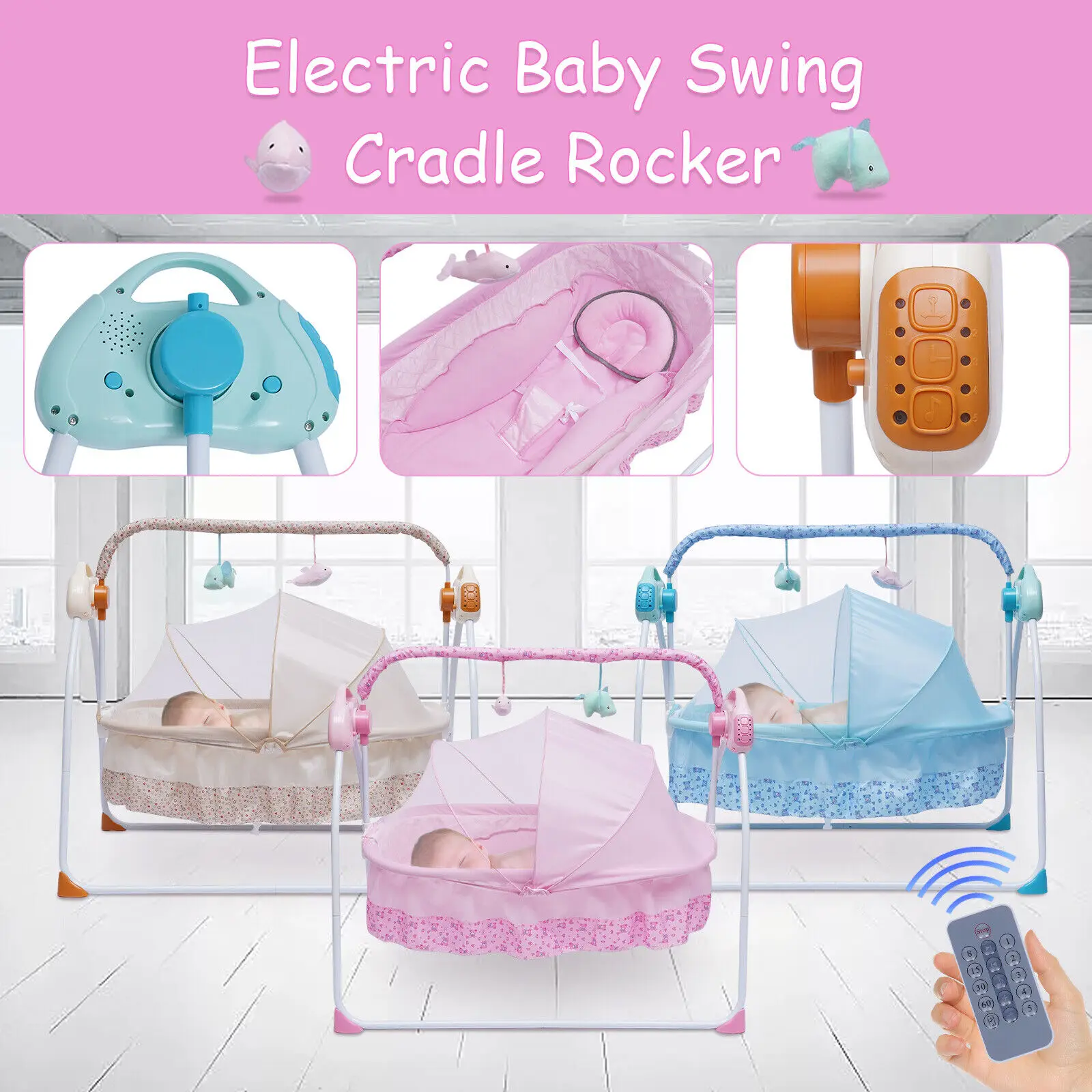 

3-Color LED Bluetooth Electric Baby Cradle with Auto Swing, Safe Crib, Infant Rocker & MP3 Music Player