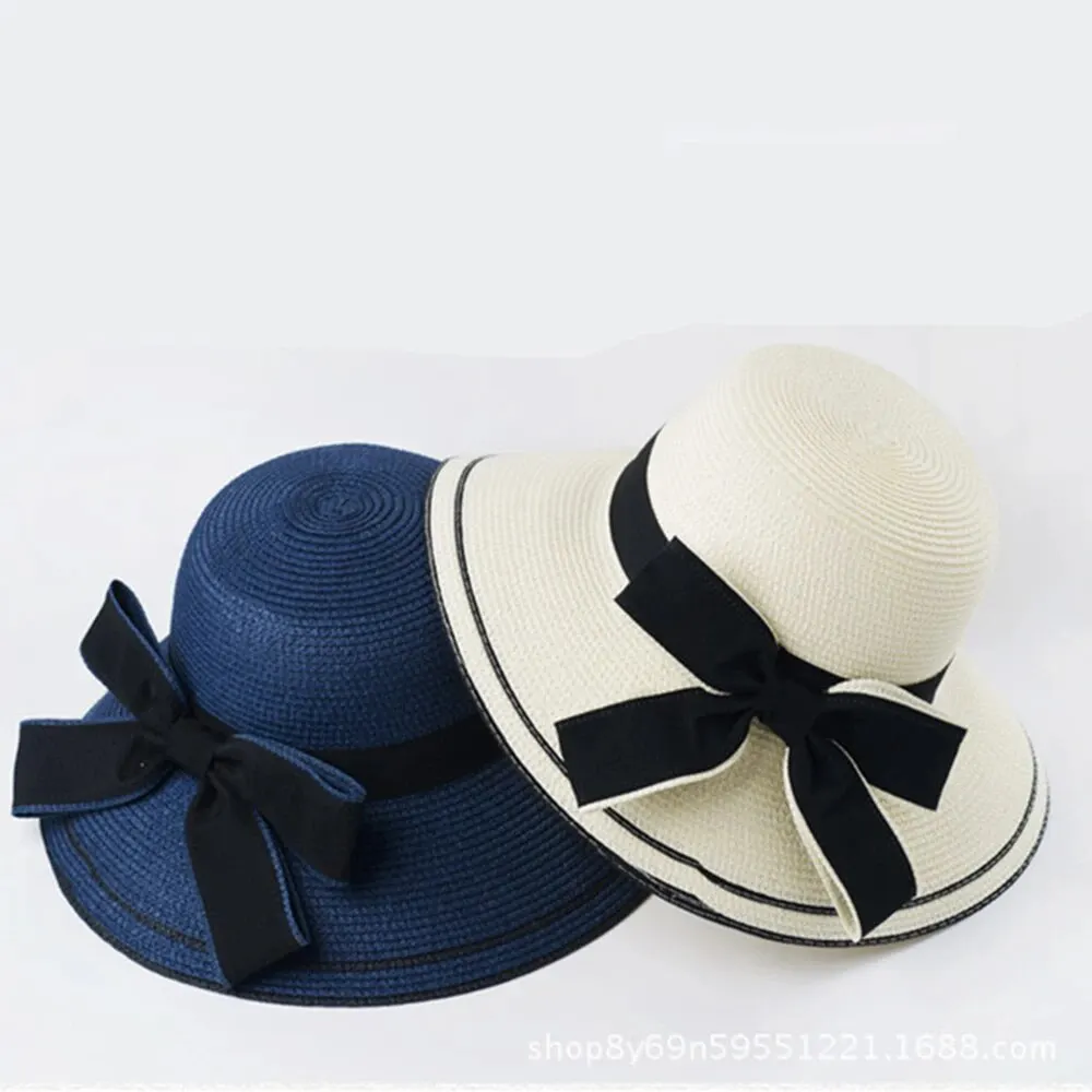 Spring and Summer Woven Straw Hat Women's Versatile Beach Big Edge Bow Sun Shield Hat Noble Style Sun Shield Hat