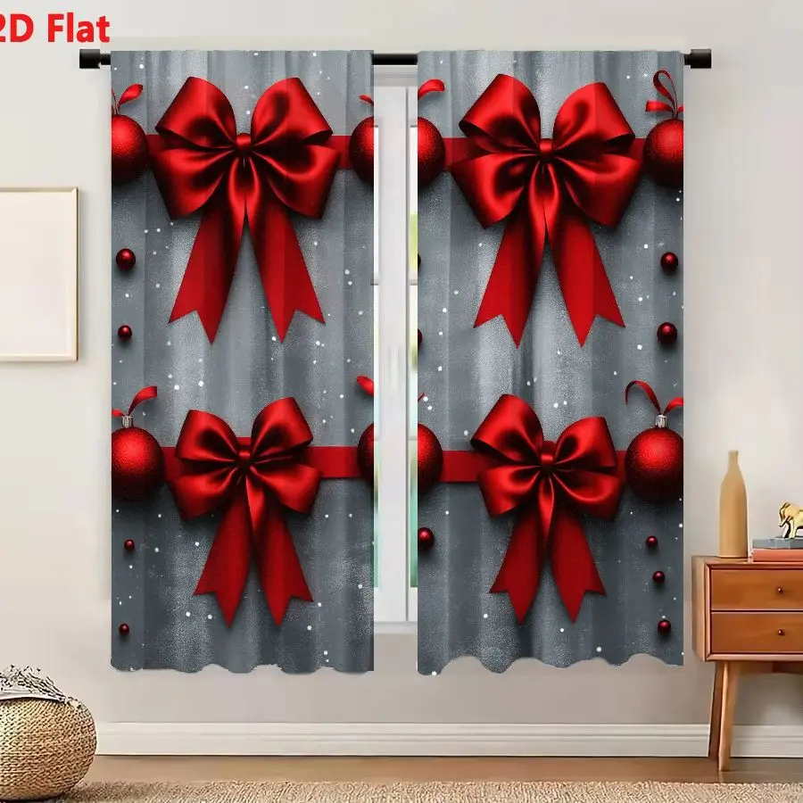 2Pcs Curtains 2D Flat Christmas Decorative Arrangement Red Bows Baubles Beads On Gray Snowflake Textured Background Window Drape