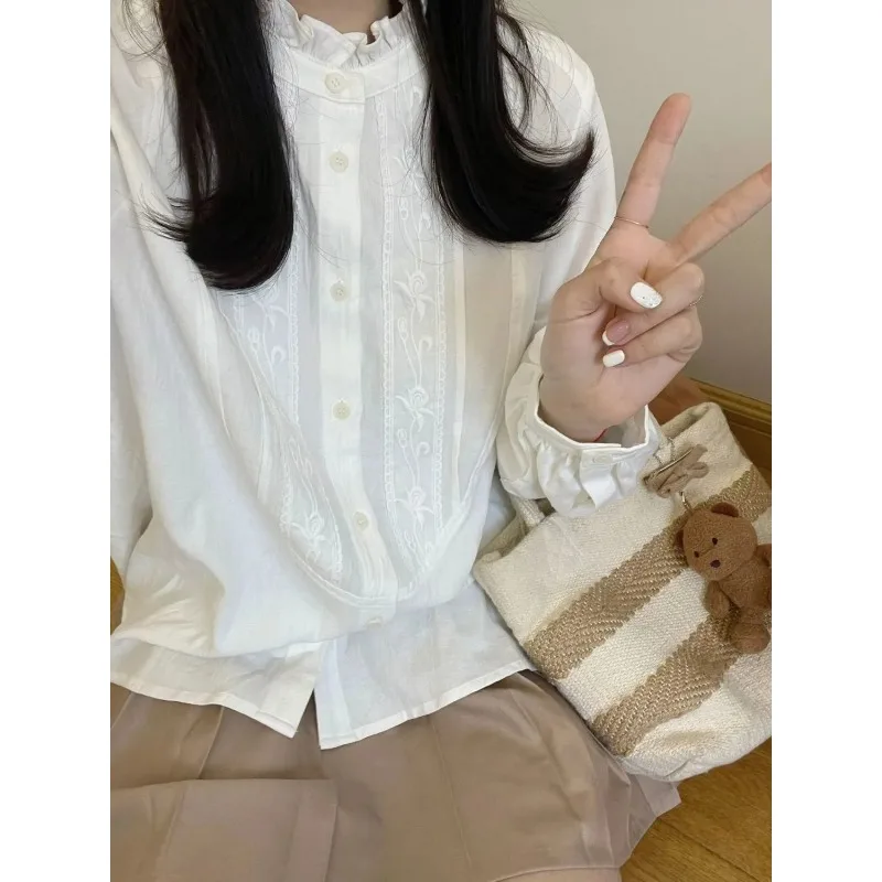 

Women's Japanese Retro Embroidered White Blouse French Style Ruffle Collar Long Sleeve Loose Fit Casual Tops