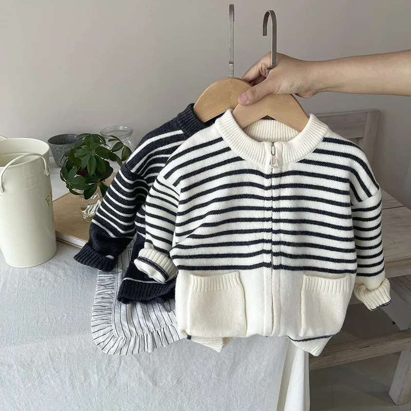 

Ins Infant Babys Boys Zipper Sweater Autumn Winter Warm Children Boys Knitwear Striped Versatile Kids Boys Outwear Cardigan Coat