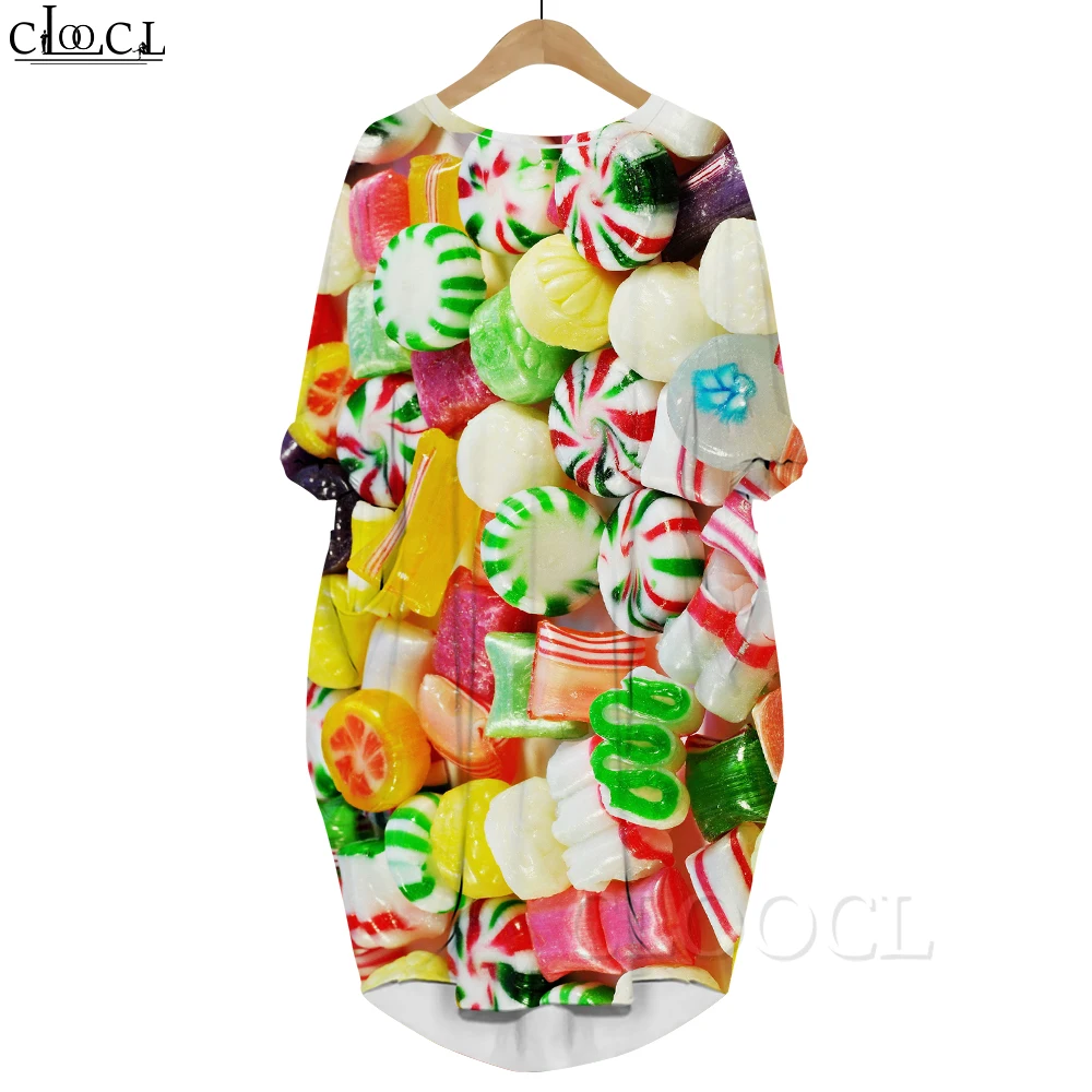 CLOOCL Harajuku Pocket Dress Infância Memória Doces Gráficos 3D Impresso Macio Confortável Manga Longa Vestido Feminino Vestidos de Rua