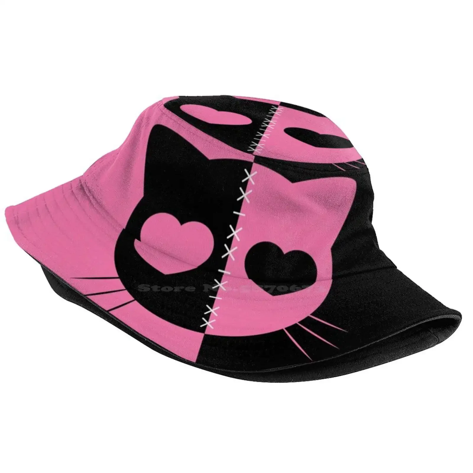 Emo Cat Sun Cap Fisherman Hat Bucket Hats Kawaii Emo Pastel Goth Creepy Cute Hearts Black Pink Alternative Gothic Duo Tone Two