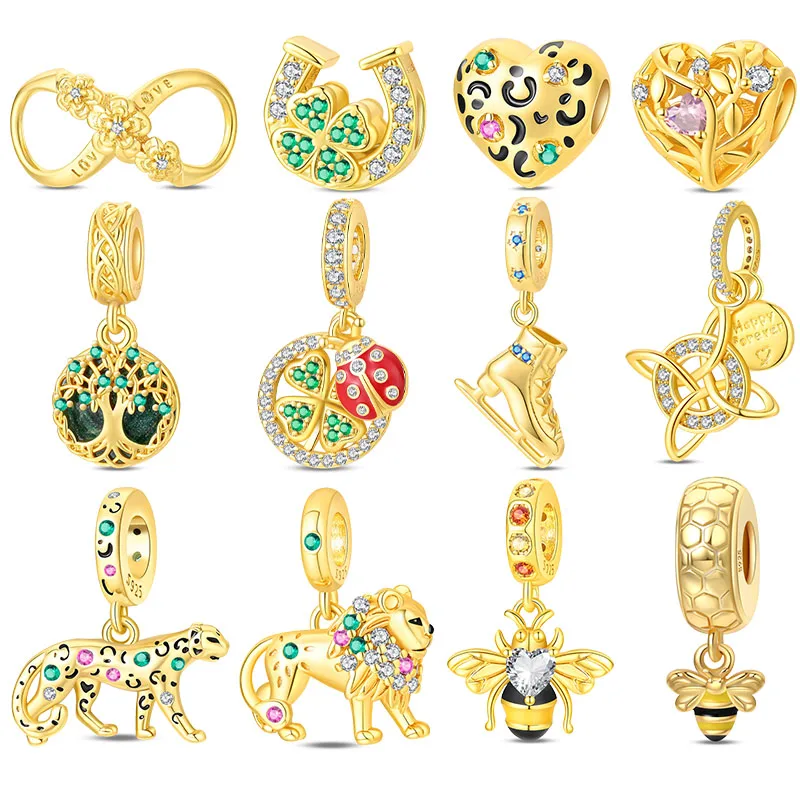 

925 Sterling Silver Golden Series Life Tree Ladybug Charms Bead Fit Original Bracelet DIY Birthday Party Jewelry Gift