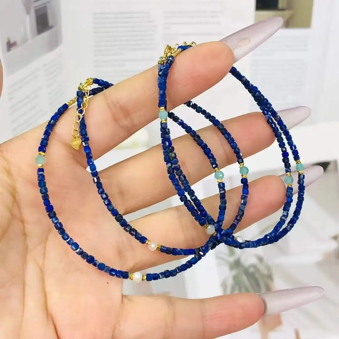 Wholesale 10pcs Natural Lapis Lazuli Choker Necklace 925 Silver Natural Agate Amazonite Bead String Strand DIY Handmade Jewelry