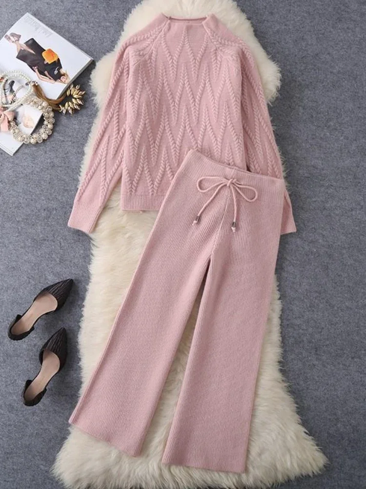 Women Tracksuit Thick Sweater Winter Muslim Knitted Two Piece Set Top+Knitted Wide Leg Pant Warm Sweater Elastic Trousers Suits