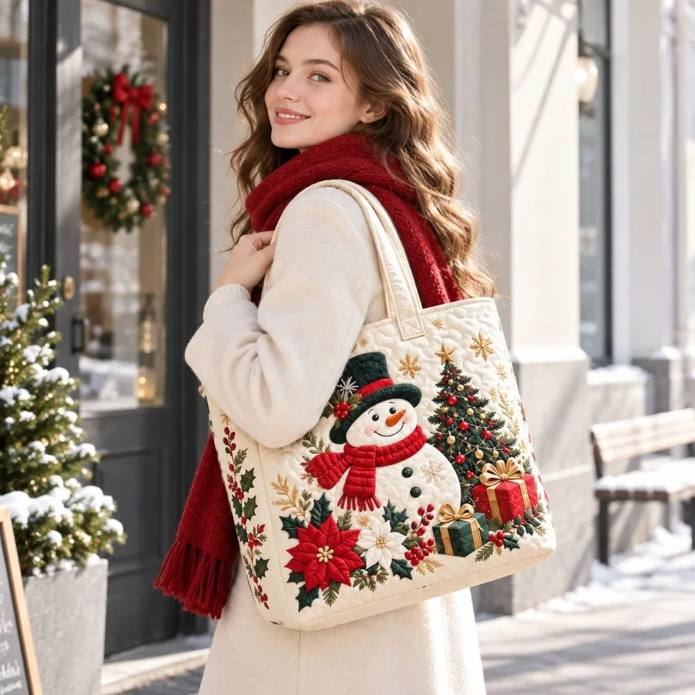 Quilted Design Christmas Handbag Padded Lightweight Quilted Tote Bag Snowman Print Family Print Shoulder Handbag Beach Use