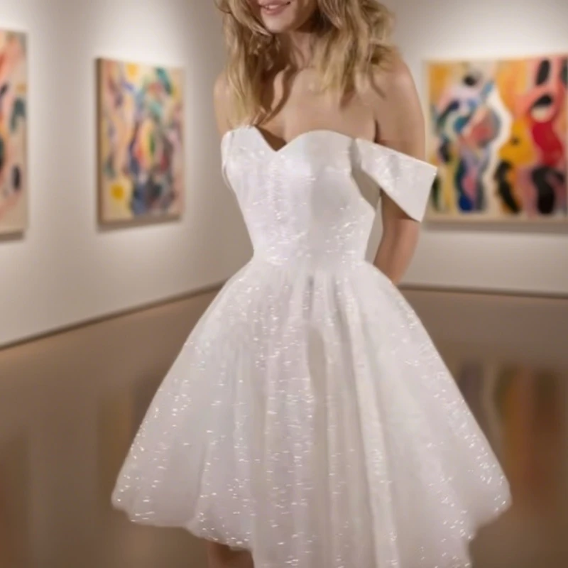 

Mini Wedding Dresses For Women Sparkling Tulle A-line Vestidos De Novia Sweetheart Off Shoulder Bride Party Bridal Gowns