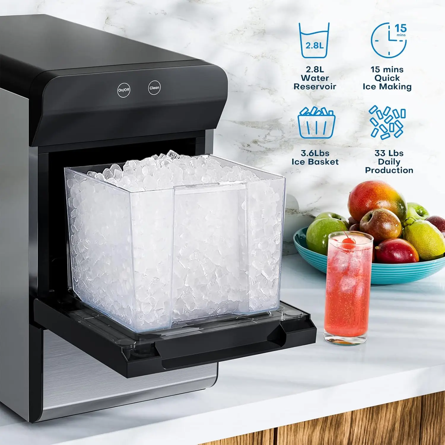 Self-Cleaning Pebble Ice Maker Machine, Max 33Lbs/Day, 2 Ways Water Refill, Stainless Steel Housing