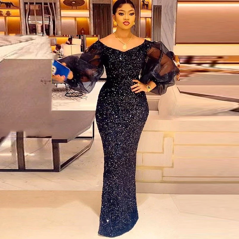 

Navy Blue Sequined Mermaid Prom Dresses Puffy Sheer Long Sleeves Aso Ebi Evening Gowns Saudi Arabia Floor Length Party Dress