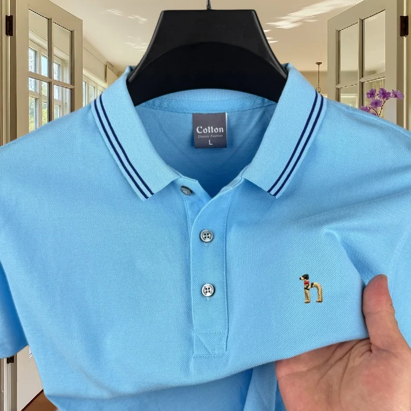 100% pure cotton high-end brand men's short sleeved polo shirt 2026summer fashion striped dog embroidery golf top casual T-shirt