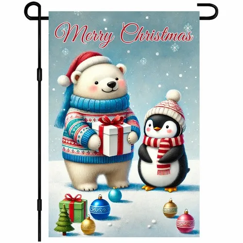 Christmas Garden Flag 12x18 Inch Double Sided Polar Bear and Penguin Gifts Ou... YYZ